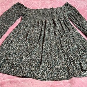 dark green long sleeve off shoulder smocked dress